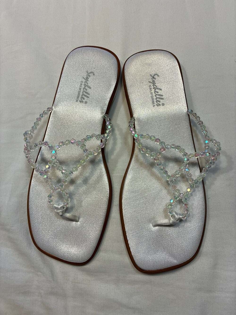 Seychelles Silver Satin Beaded Iridescent Flat Sandals